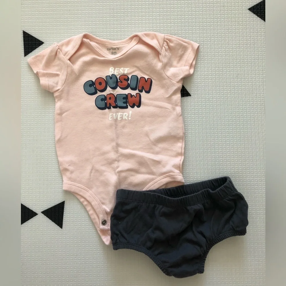 Carter’s|Baby girl set,light pink bodysuit onesie COUSIN CREW & diaper cover•••